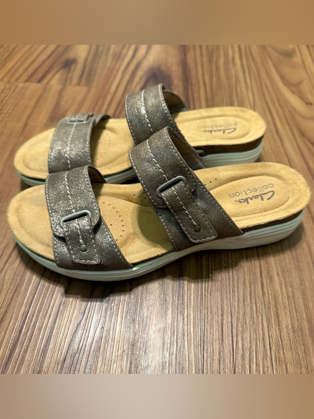 Clarks April Dusk Slide Sandal, Bronze Metallic Textile Sz 8
